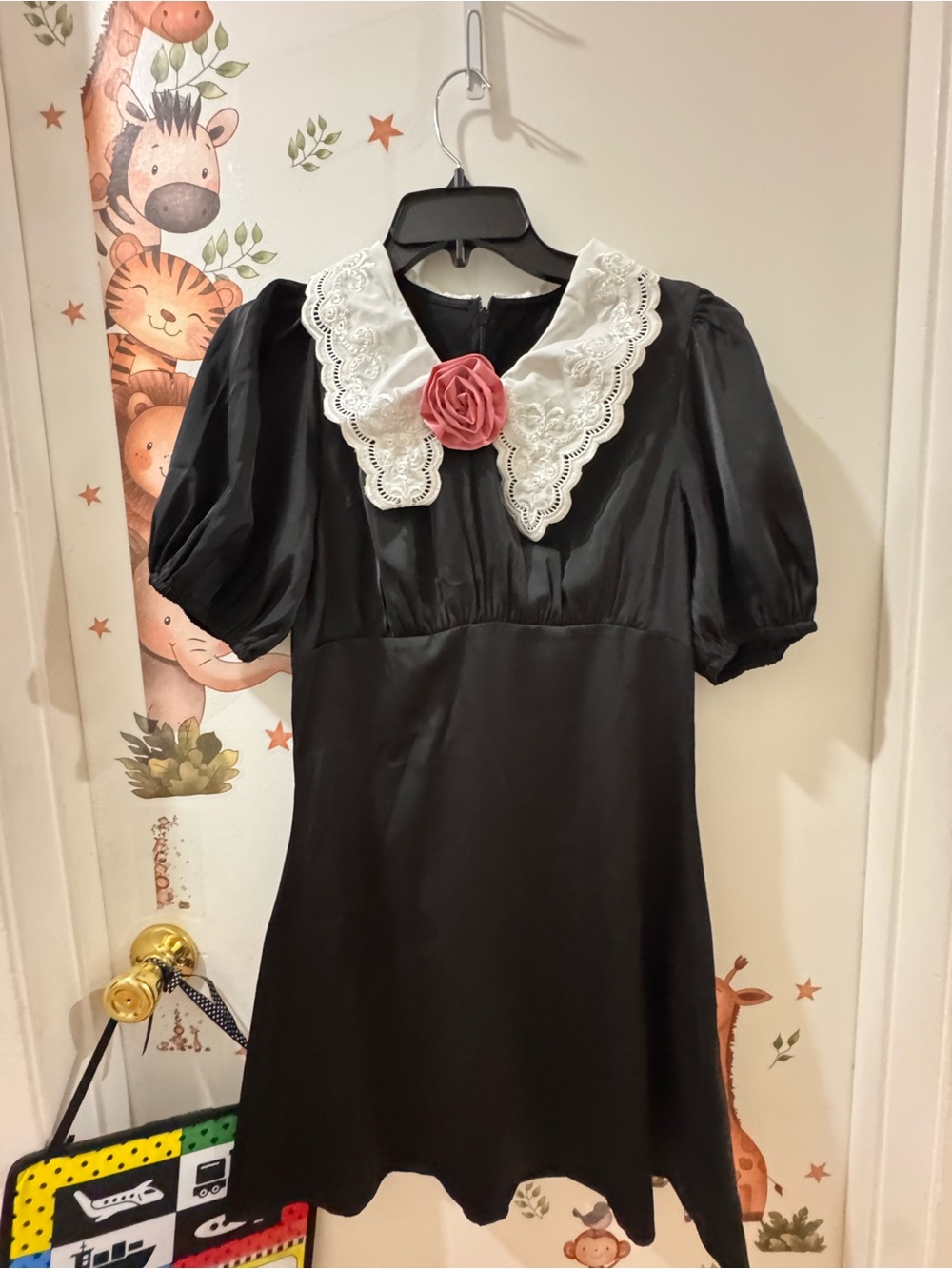 Cider Black Dress with White Lace Collar and Pink Rosette